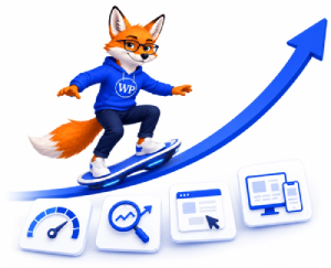 Mascotte WordPress sur hoverboard avec courbe de performance et icônes optimisation